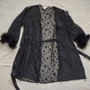 Oscar de la Renta black polka dot fur trim belted robe duster kimono